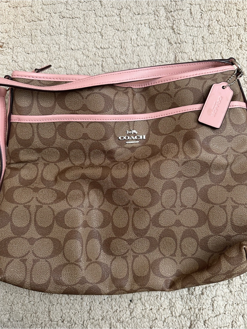 Coach Brown Signature-Pattern COACH Crossbody Bag with Pink Trim